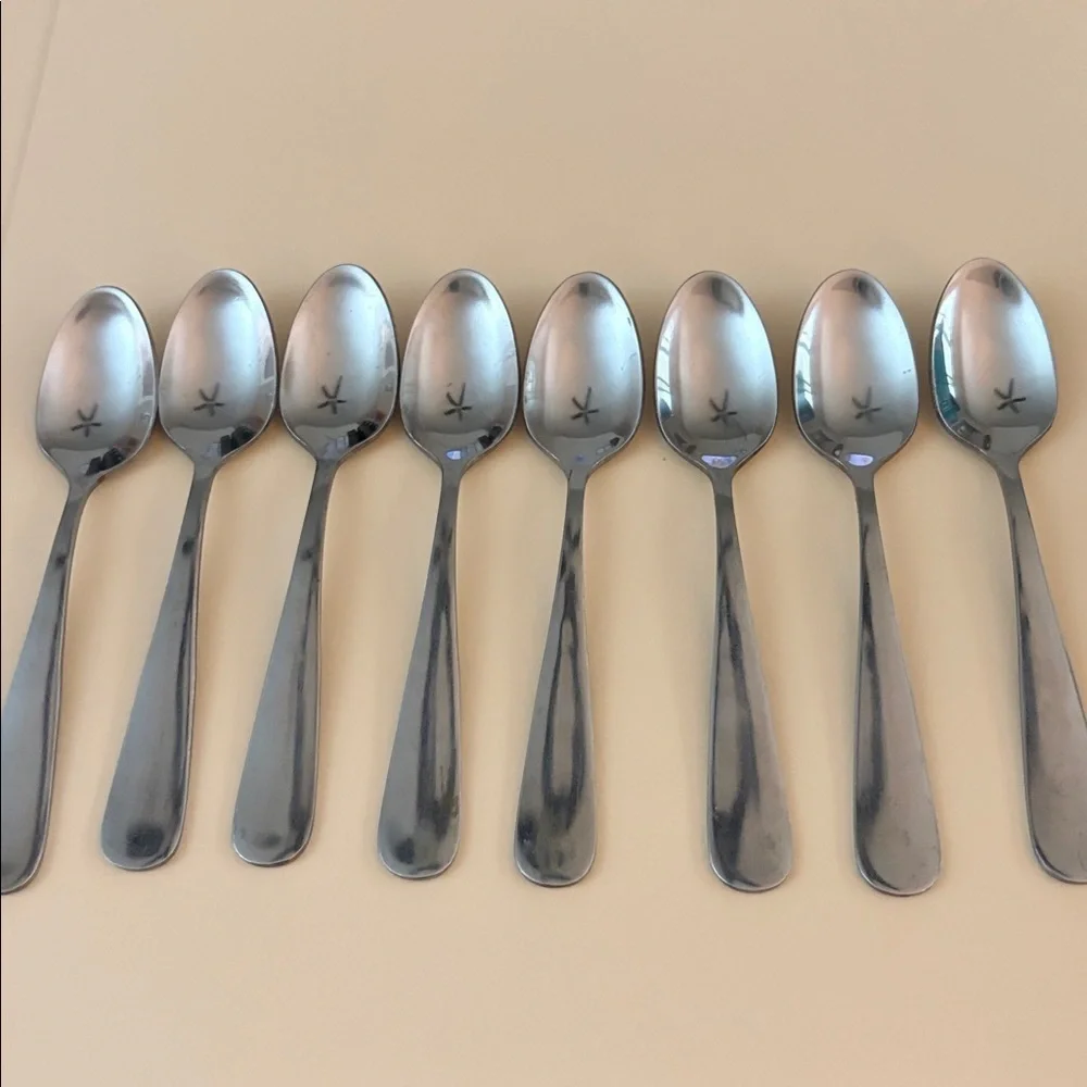 Set of 8 stainless demitasse, espresso, dessert spoons, 4.5” long.